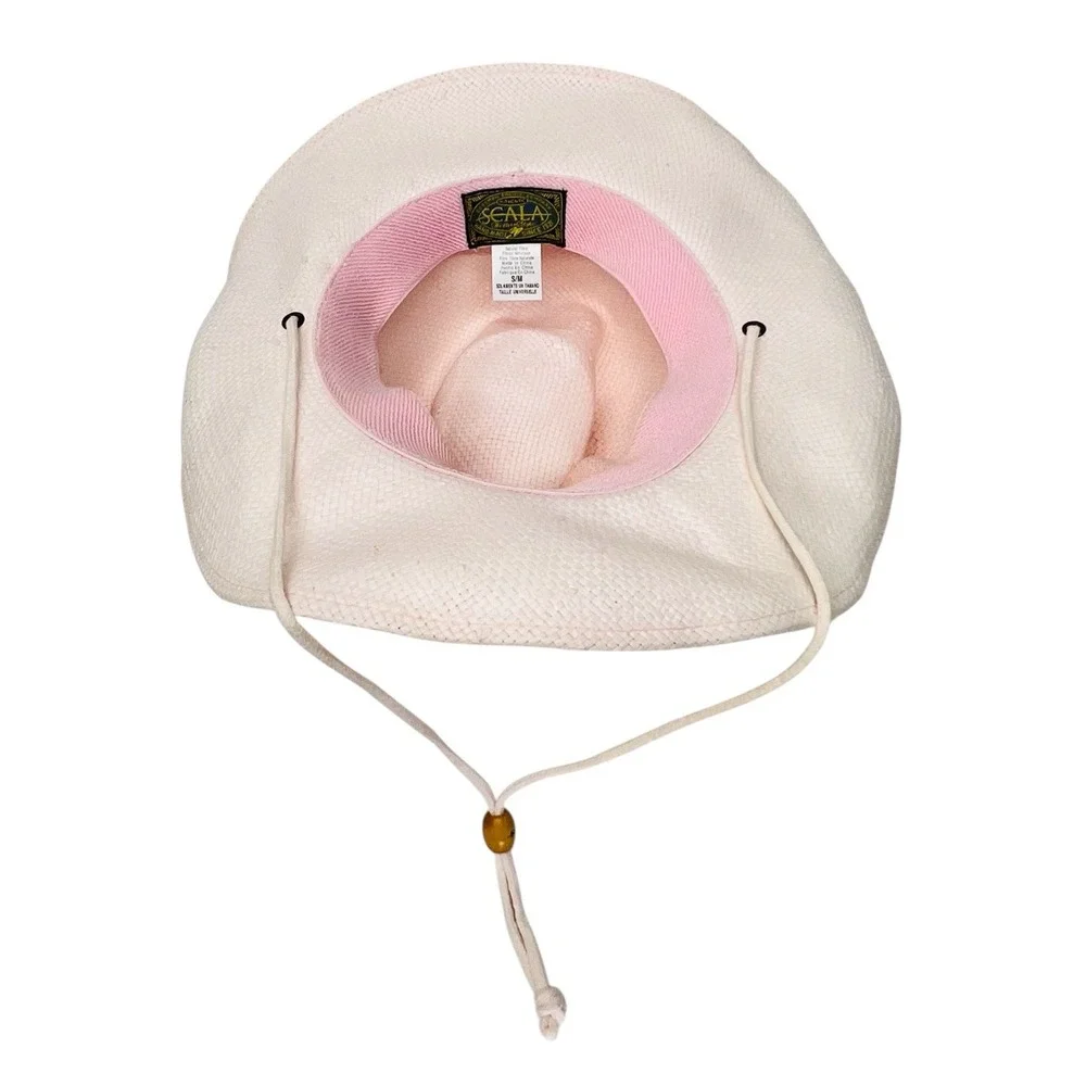 Scala Women's Pink Cowgirl Western Straw Hat Pearls & Stones & Wire Brim Sz S/M